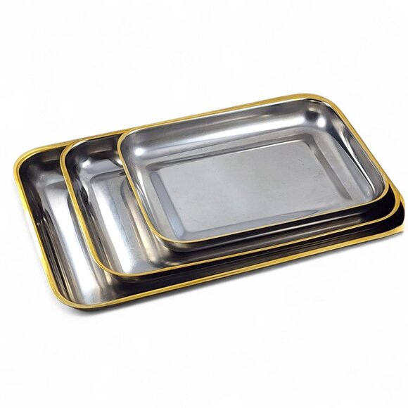 Zahran Stainless Steel 18/10 Serving Nesting Trays Gold Rim Rectangle Set of 3 - Picture 2 of 10